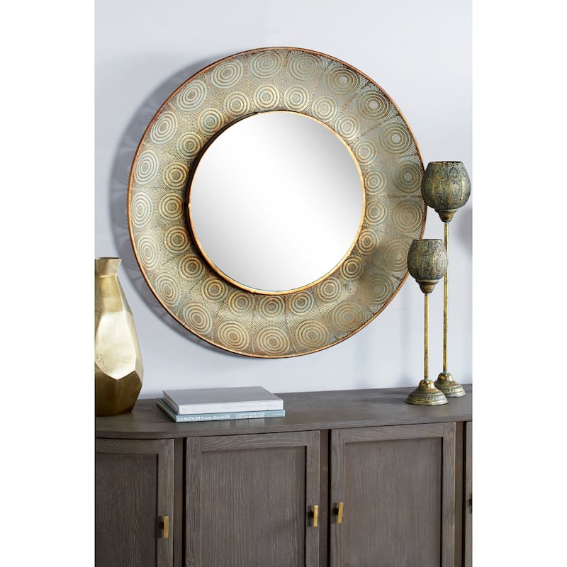 Pierced Gold Metal Large, Round Wall Mirror with Eclectic Circle
